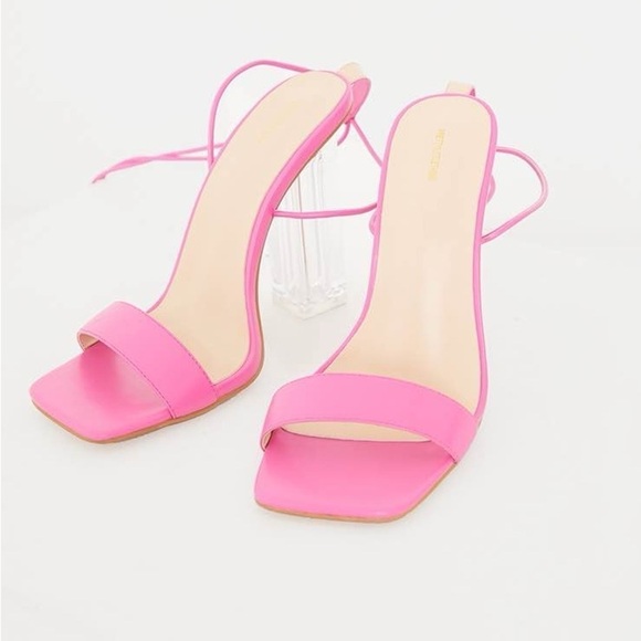 Pretty Little Thing • Fuchsia Wide Fit PU Lace Up High Clear Block Heels - Picture 1 of 3